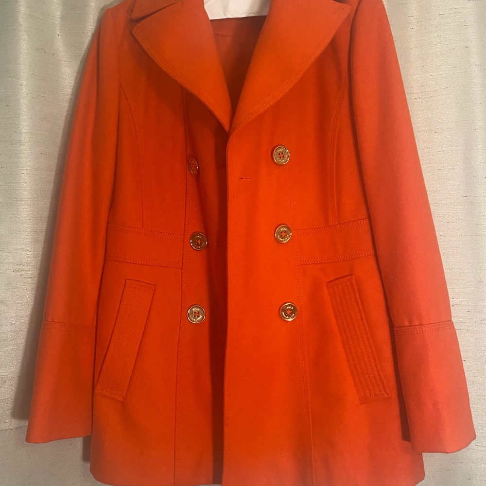 MICHAEL KORS Signature Orange Wool Pea Coat size8 Excellent Condition Guaranteed